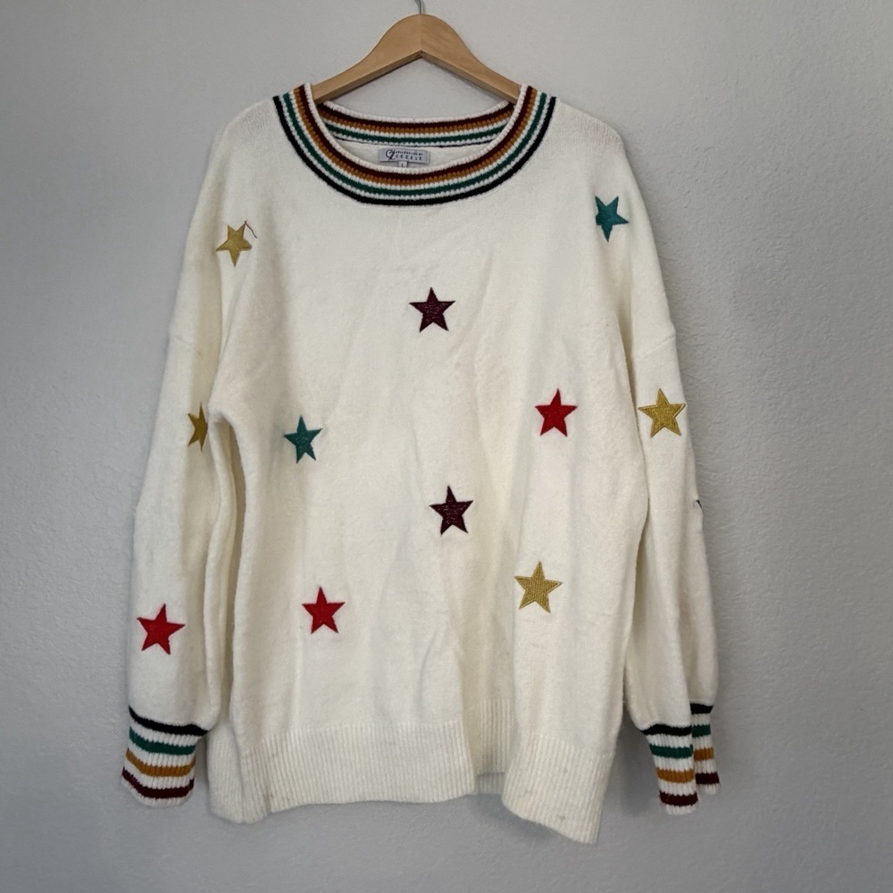 Collection By Cezele L Ivory Star Sweater Colorful Embroidered Stars Cozy READ